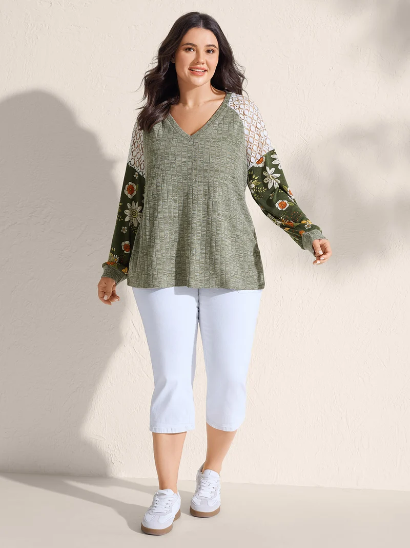 Mixed Floral Print Ribbed V-Neck Sweatshirt