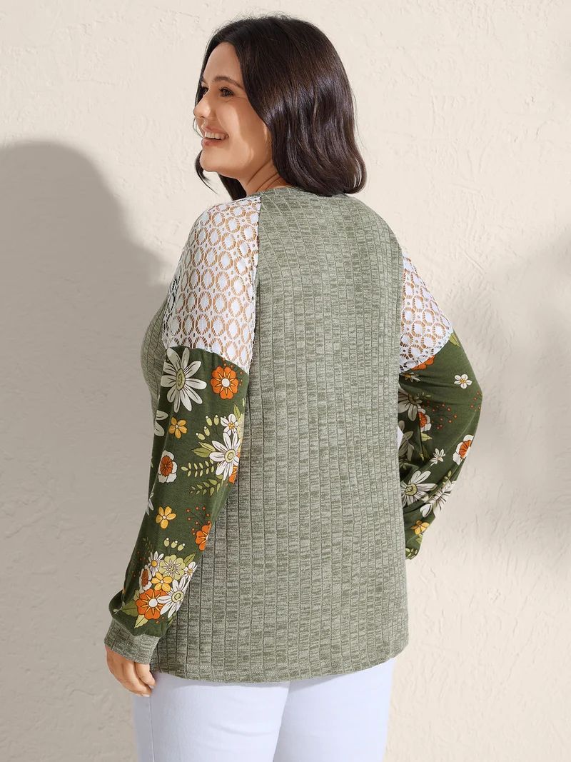 Mixed Floral Print Ribbed V-Neck Sweatshirt