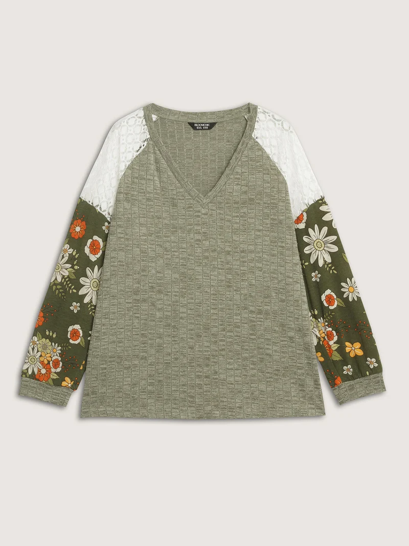Mixed Floral Print Ribbed V-Neck Sweatshirt