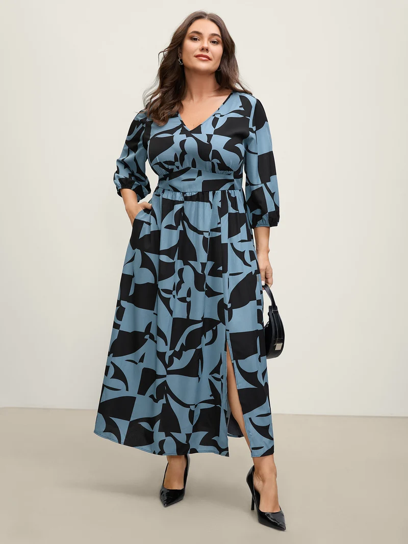Fragmented Floral Print Pockets Slit Maxi Dress