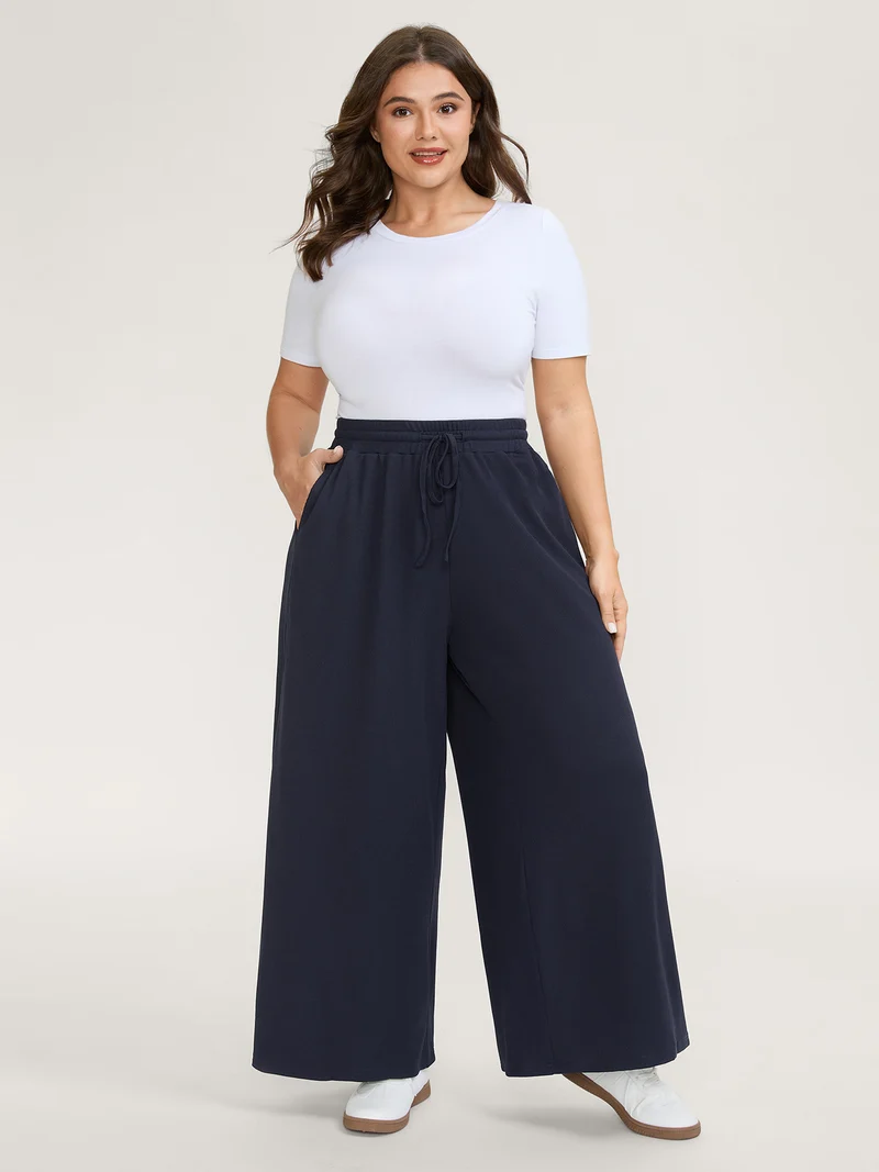 Wide Waistband Textured Wide-Leg Pants