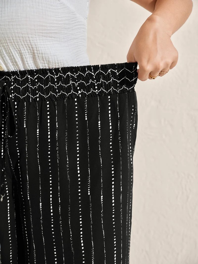 Striped Print Shirred Waist Wide-Leg Pants