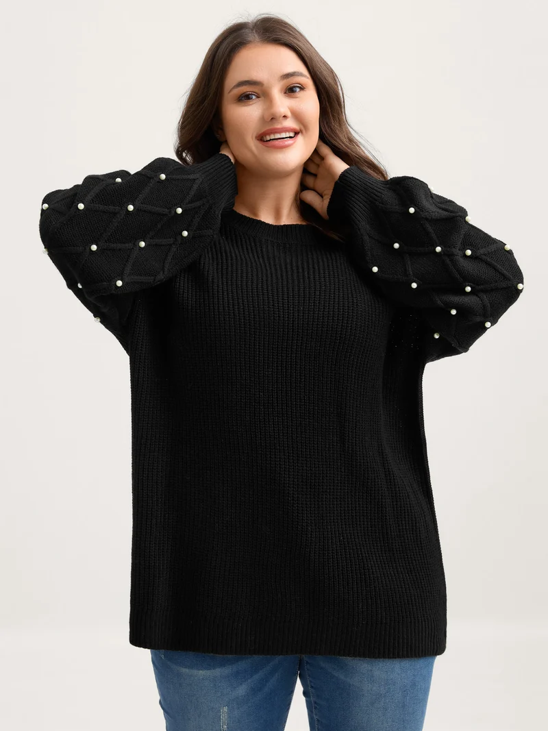 Textured Pearl Detail Drop Shoulder Pullover