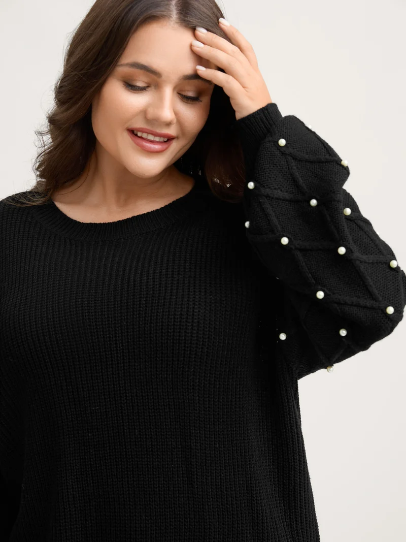 Textured Pearl Detail Drop Shoulder Pullover