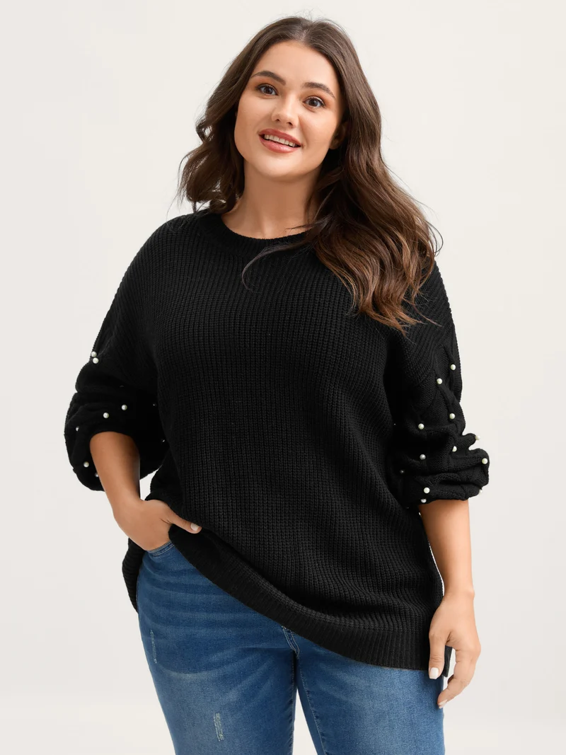 Textured Pearl Detail Drop Shoulder Pullover