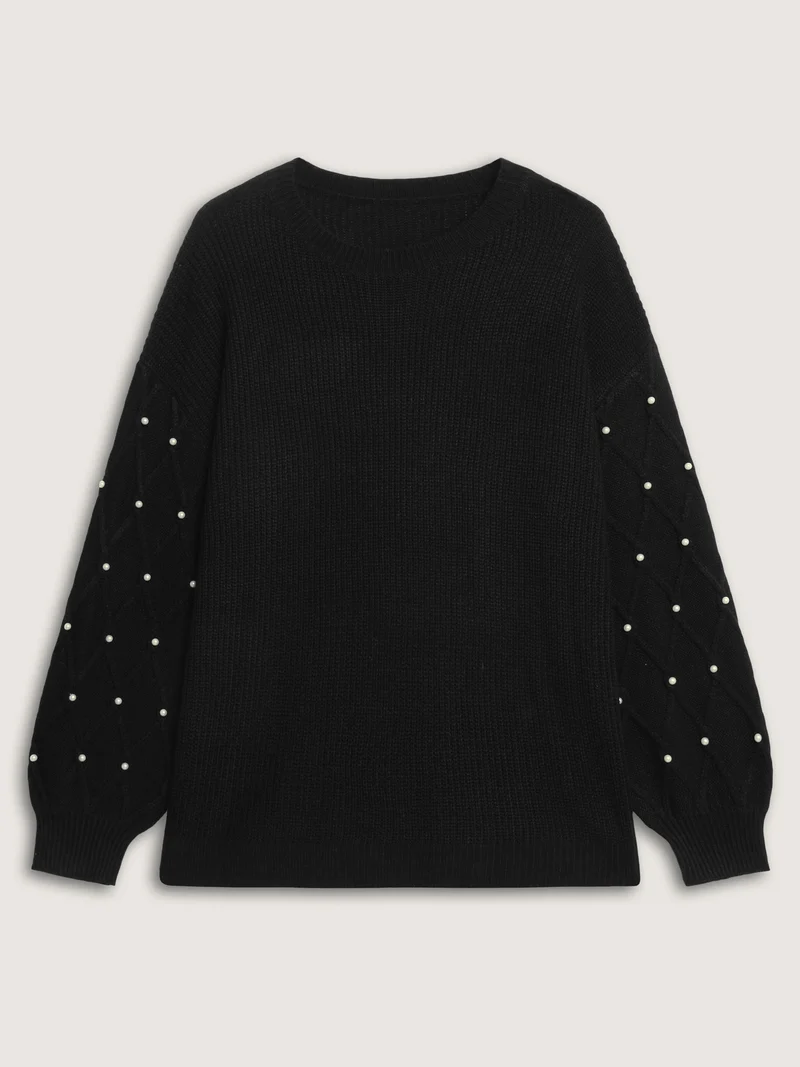 Textured Pearl Detail Drop Shoulder Pullover