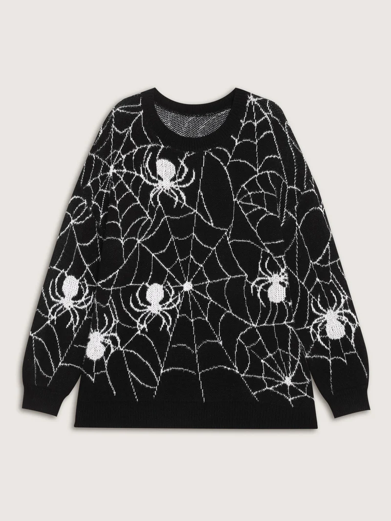 Spiderweb Jacquard Print Ribbed Pullover