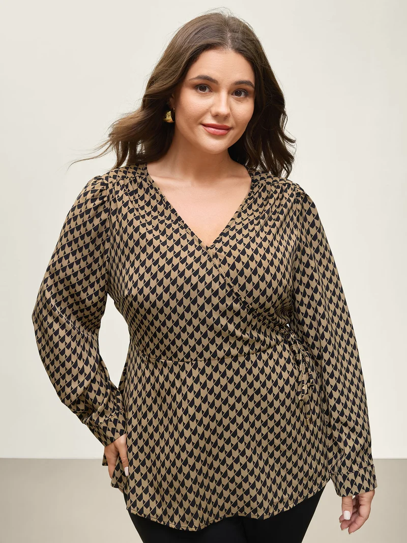 Geometric Print Surplice Waist-Defining Blouse