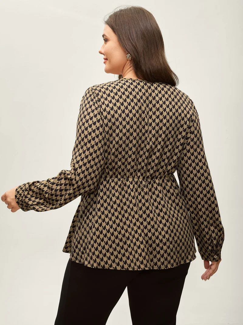 Geometric Print Surplice Waist-Defining Blouse