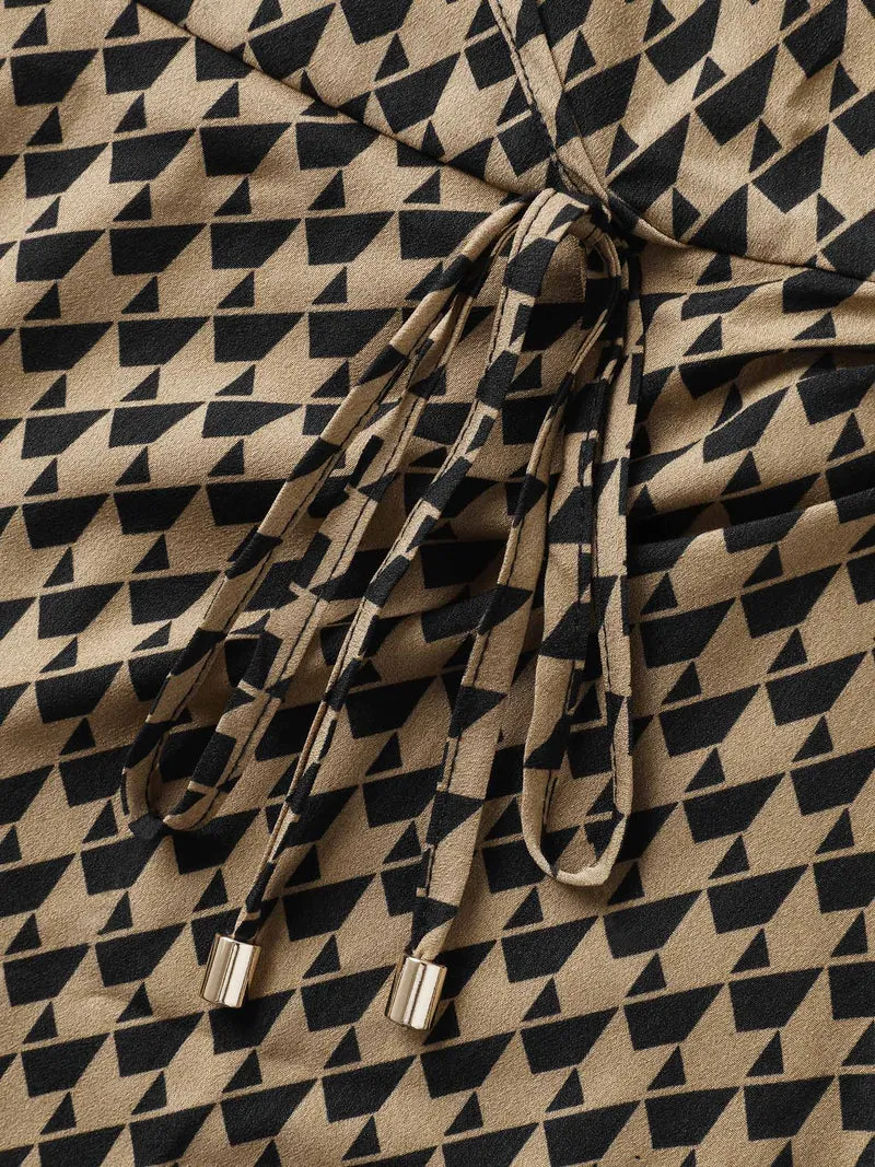 Geometric Print Surplice Waist-Defining Blouse