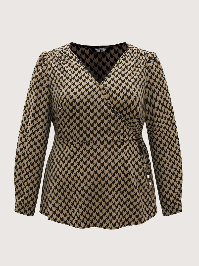Geometric Print Surplice Waist-Defining Blouse