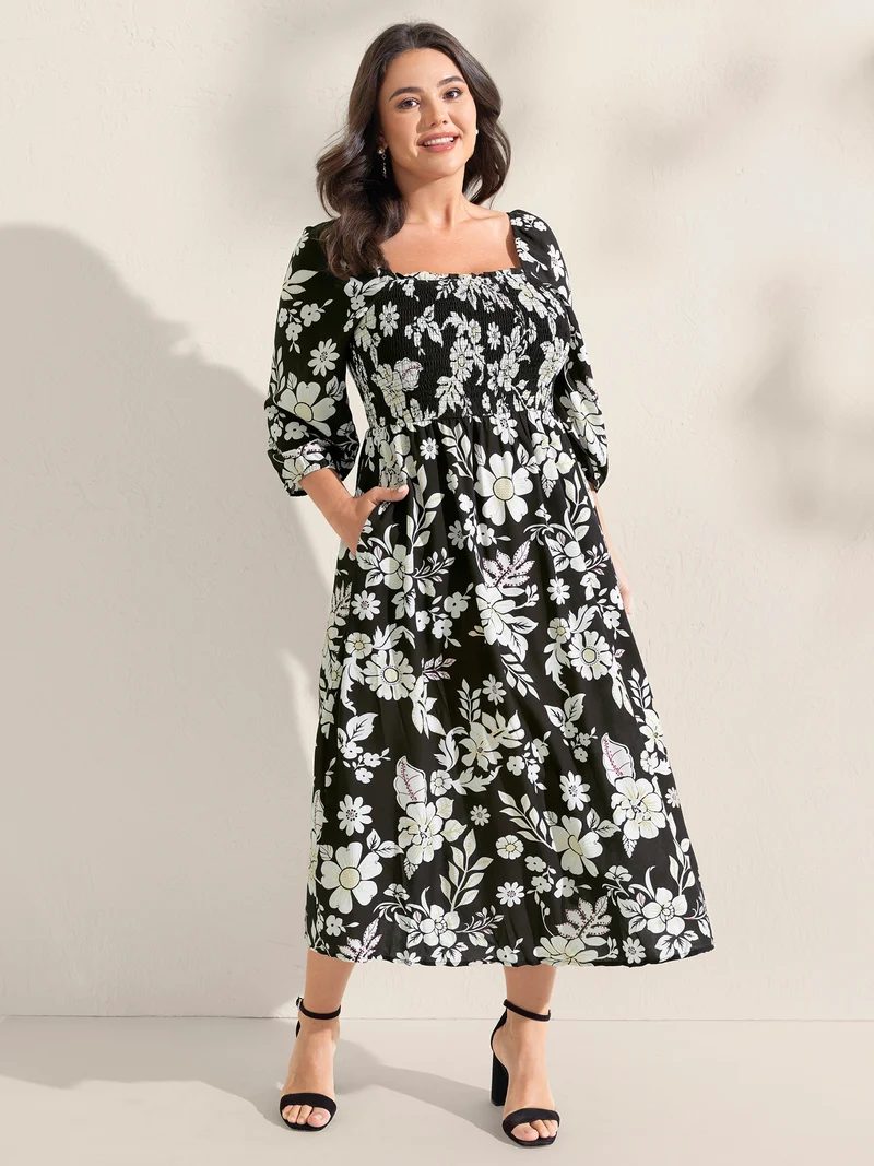 Floral Print Slit Shirred Bodice Midi Dress