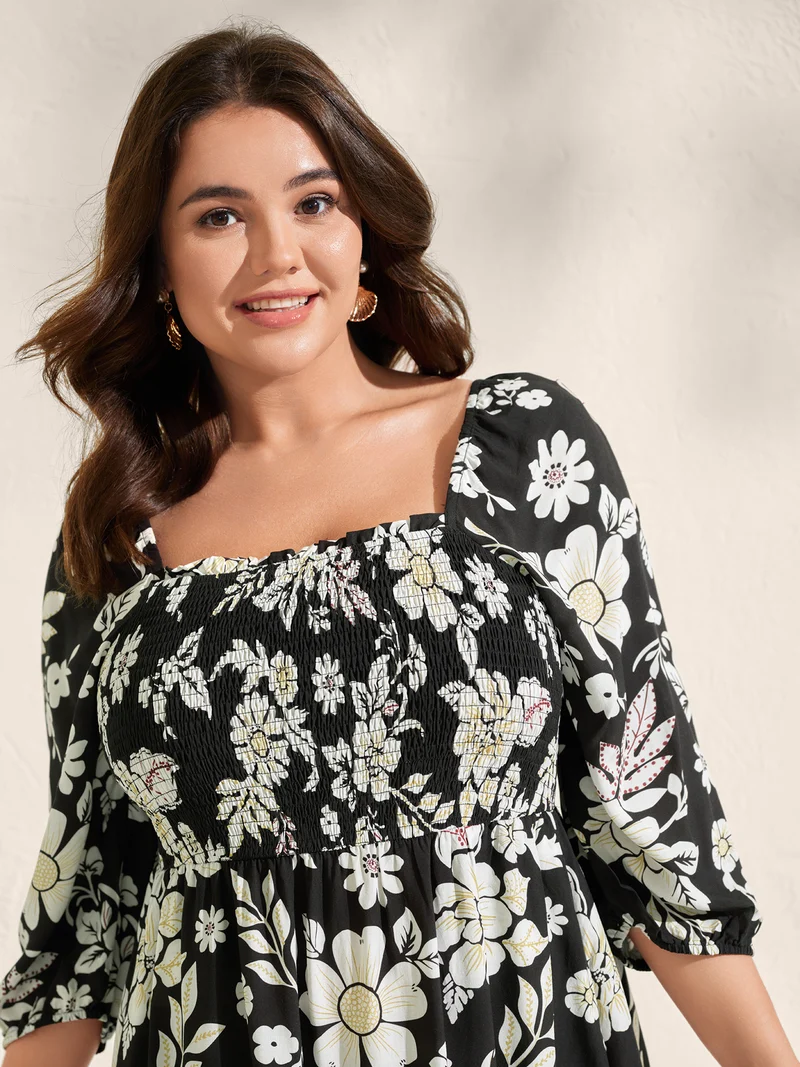 Floral Print Slit Shirred Bodice Midi Dress