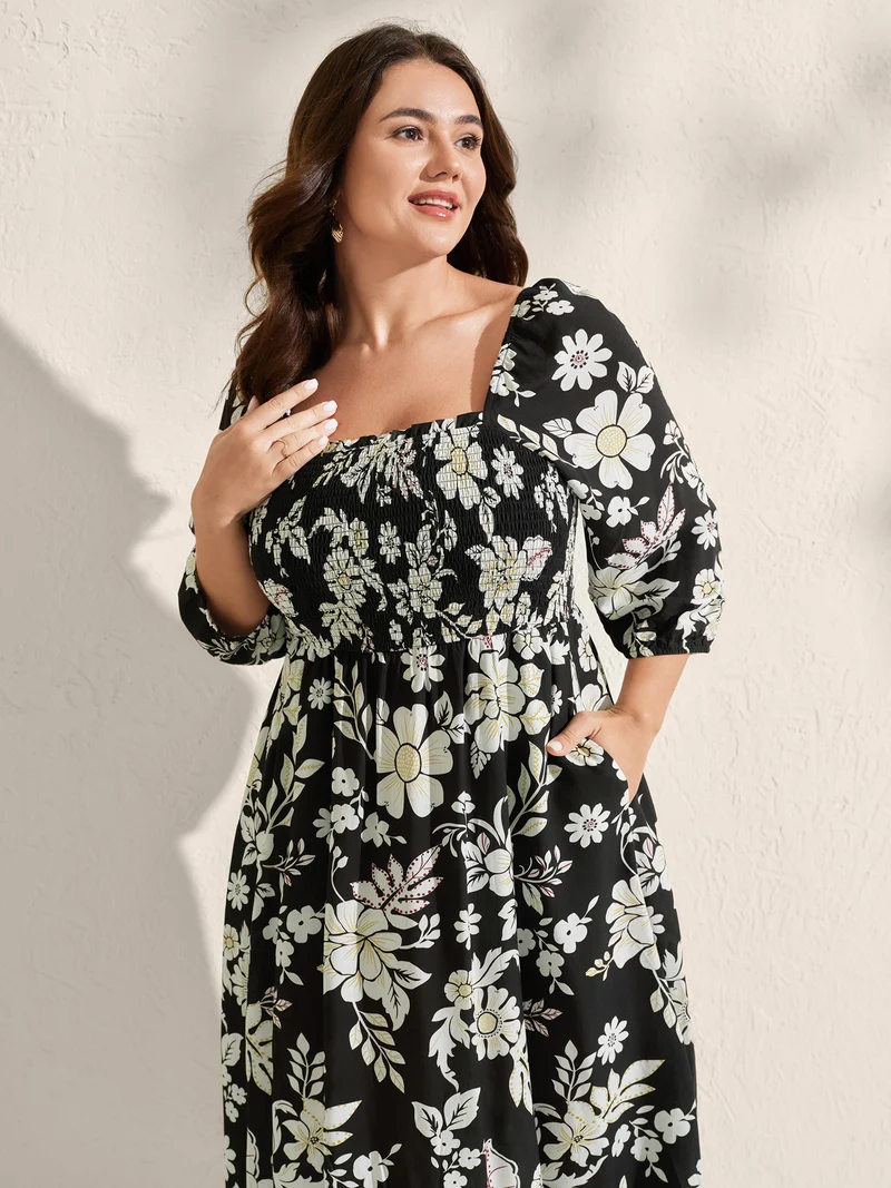 Floral Print Slit Shirred Bodice Midi Dress