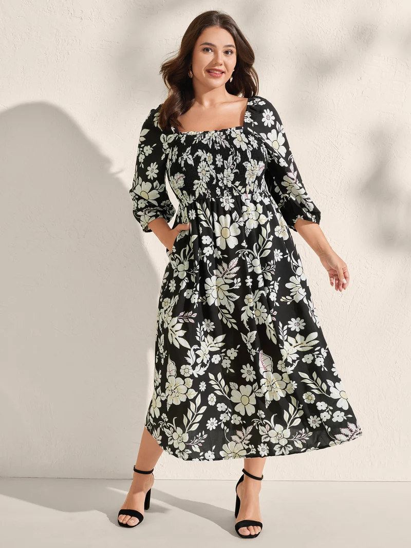 Floral Print Slit Shirred Bodice Midi Dress
