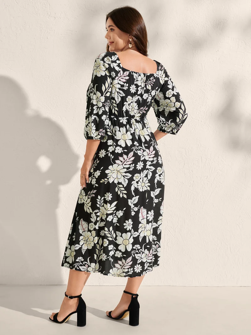 Floral Print Slit Shirred Bodice Midi Dress