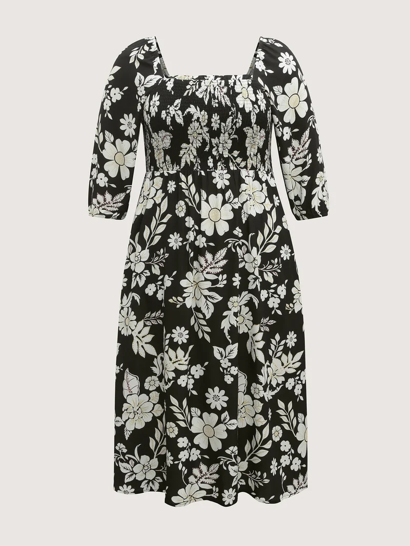 Floral Print Slit Shirred Bodice Midi Dress