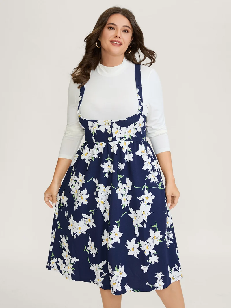 Floral Print Pockets Suspender Skirt Midi Dress
