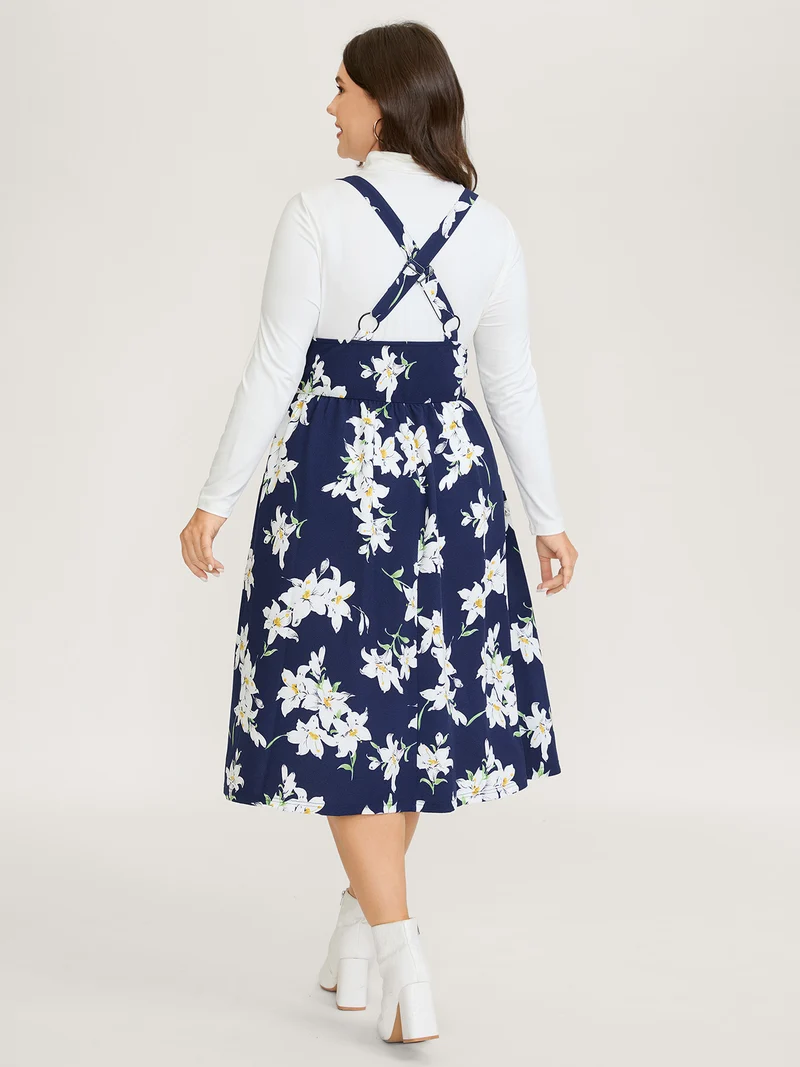 Floral Print Pockets Suspender Skirt Midi Dress