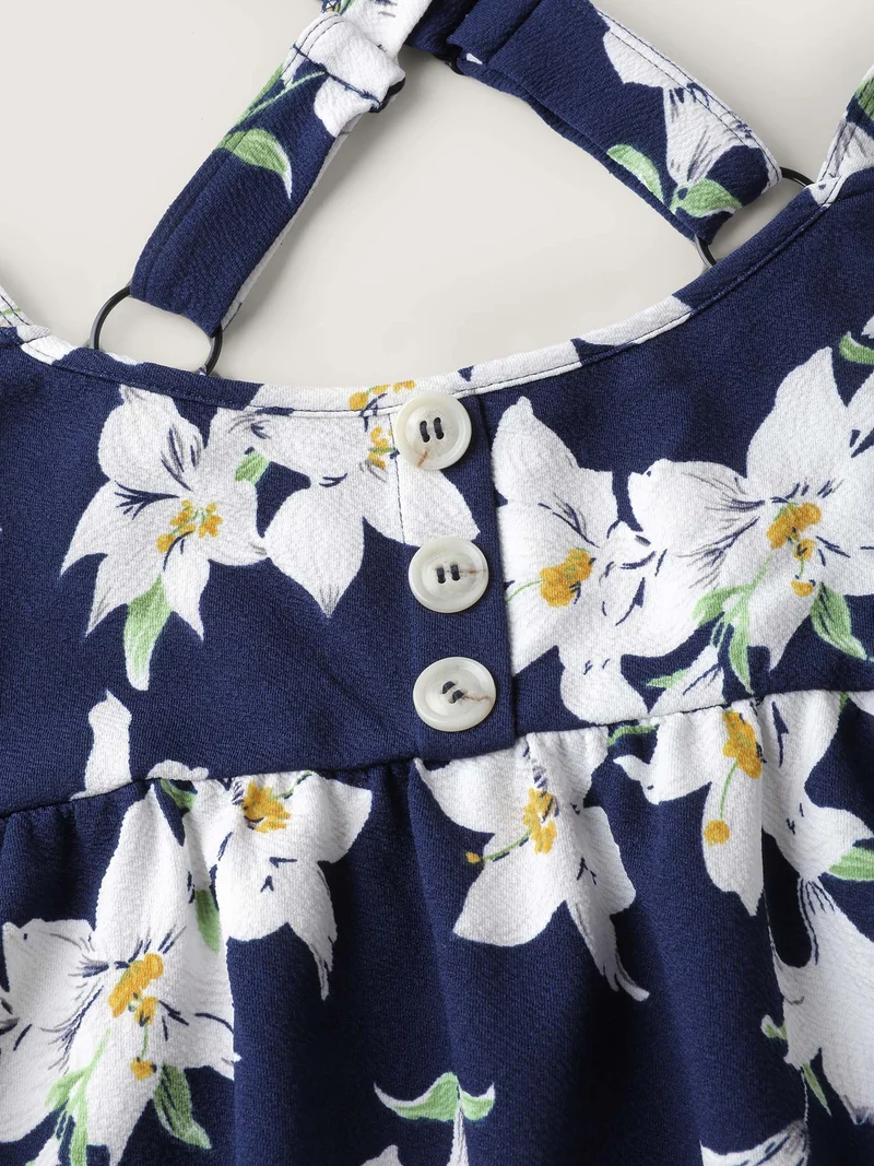 Floral Print Pockets Suspender Skirt Midi Dress