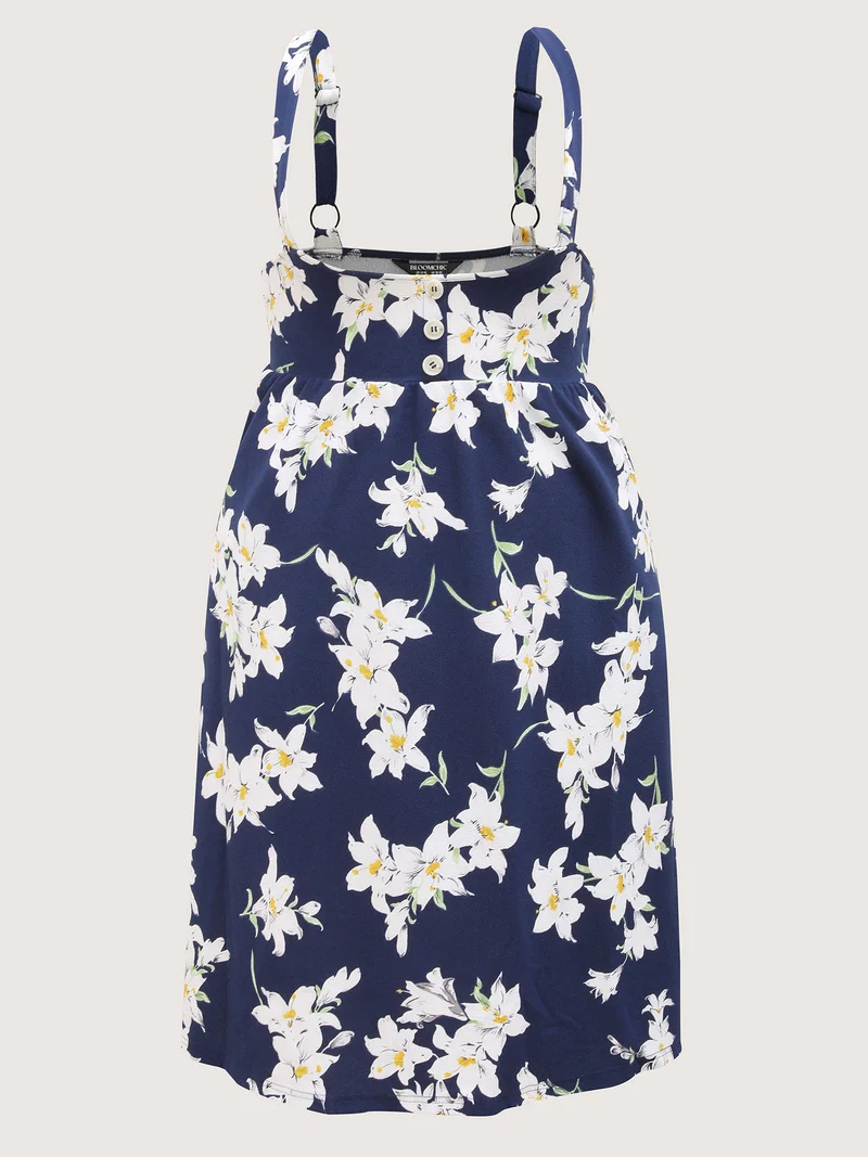 Floral Print Pockets Suspender Skirt Midi Dress