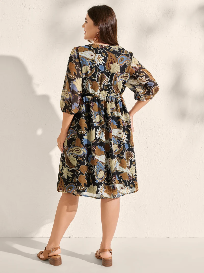 Chiffon Paisley Print Ruffled Neck Midi Dress