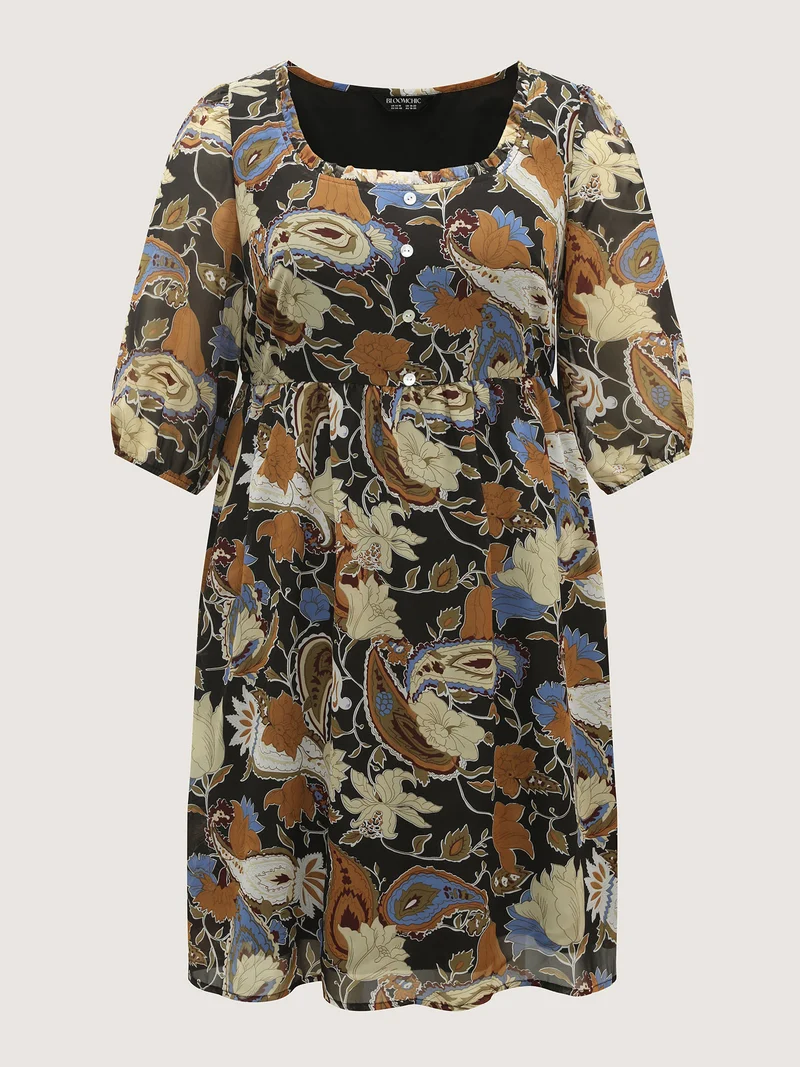 Chiffon Paisley Print Ruffled Neck Midi Dress