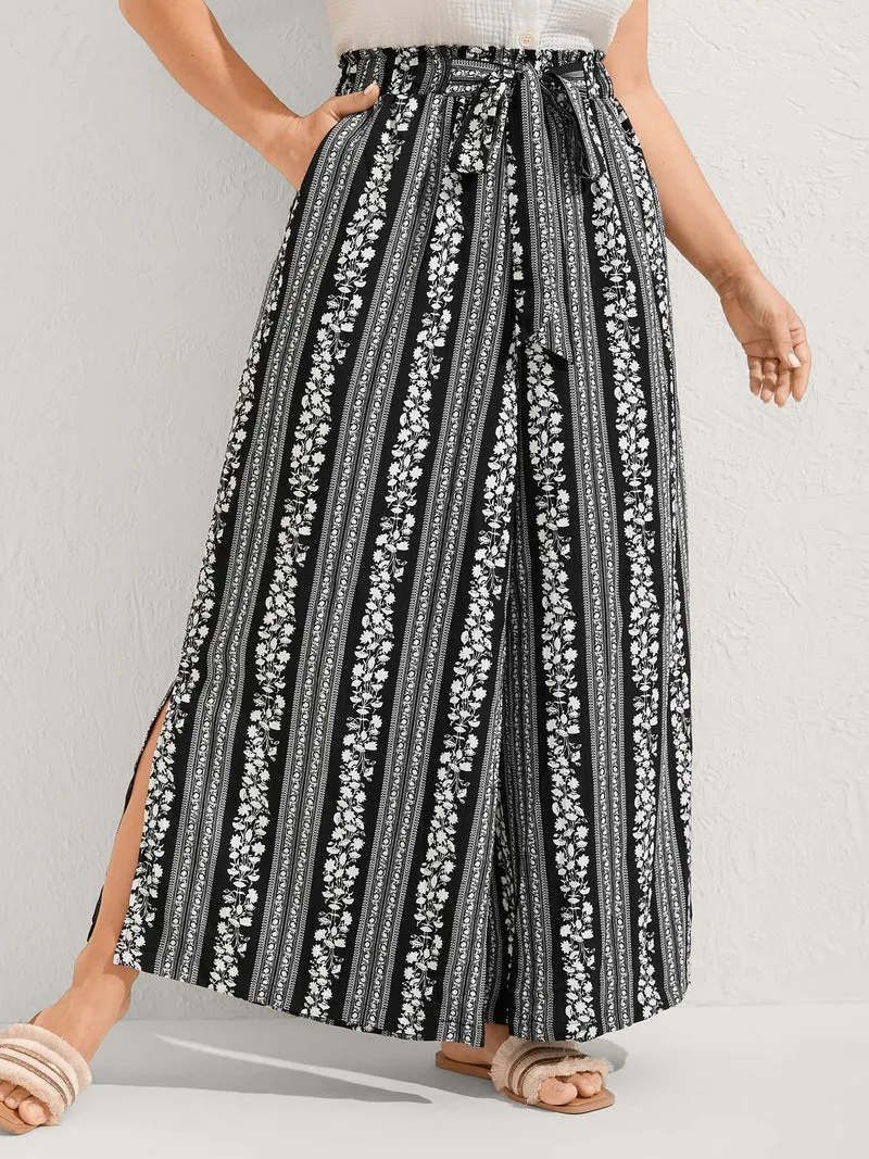 Boho Stripes Side Slit Wide-Leg Pants