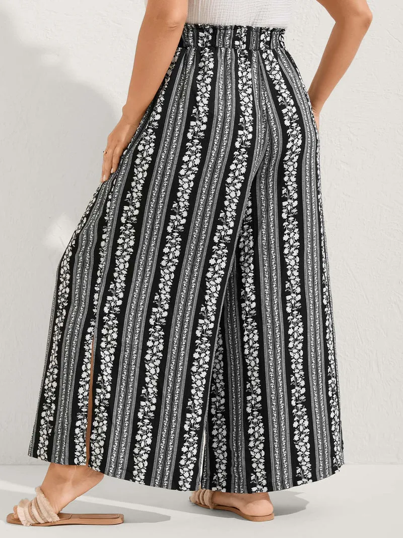 Boho Stripes Side Slit Wide-Leg Pants