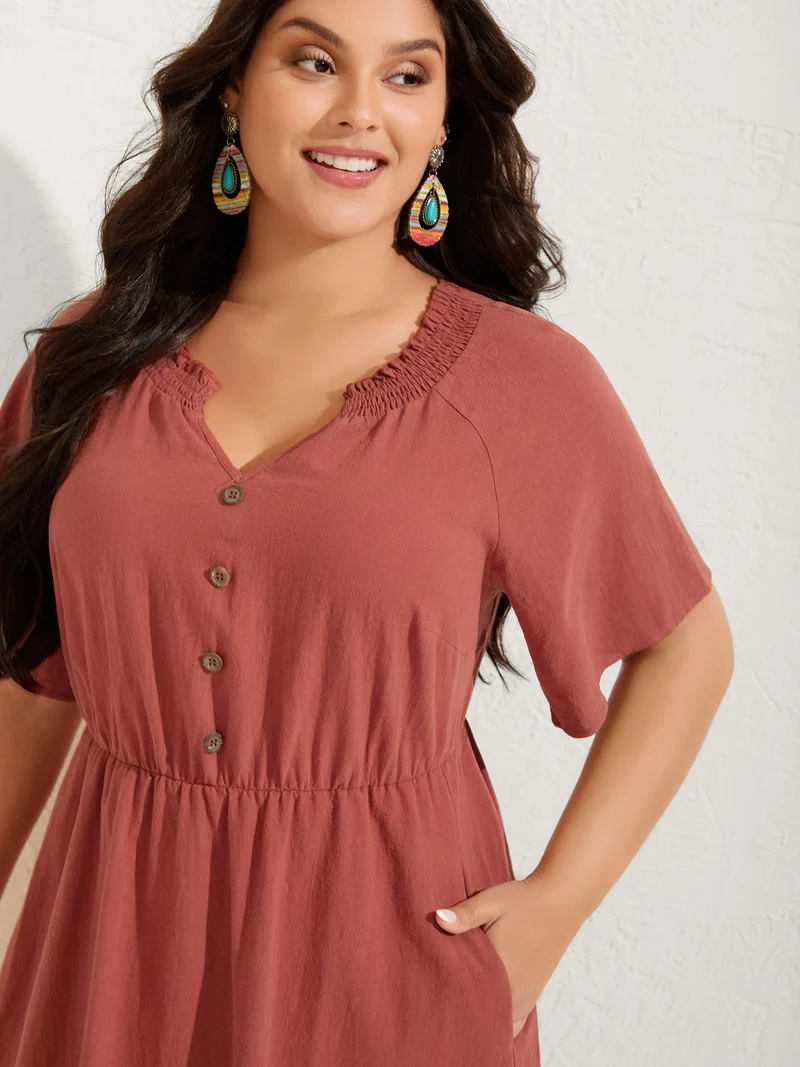 Pure Cotton Lace Trim Pockets Midi Dress