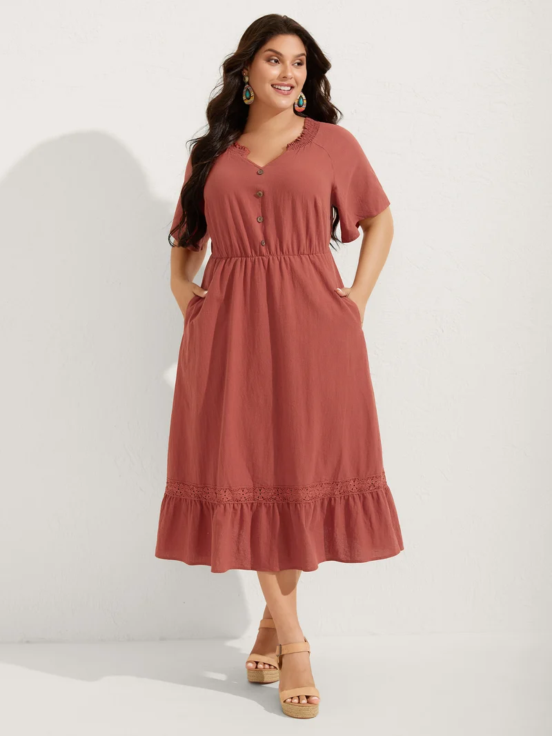 Pure Cotton Lace Trim Pockets Midi Dress