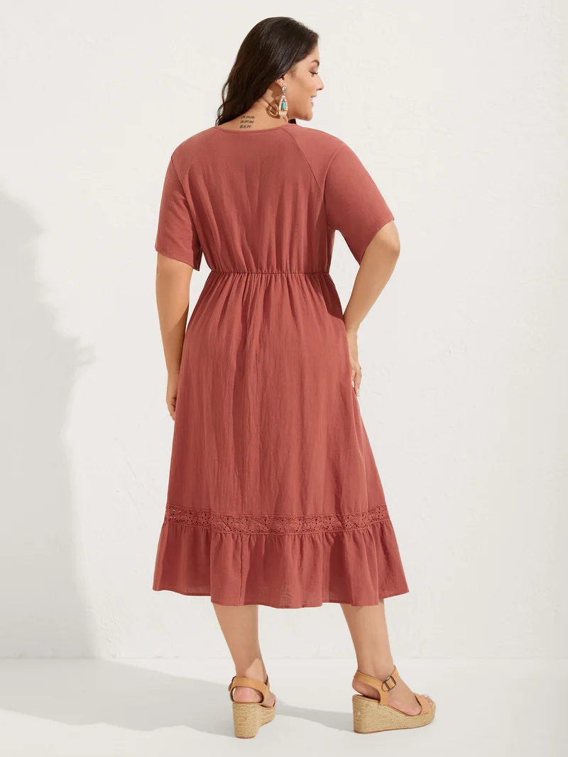 Pure Cotton Lace Trim Pockets Midi Dress
