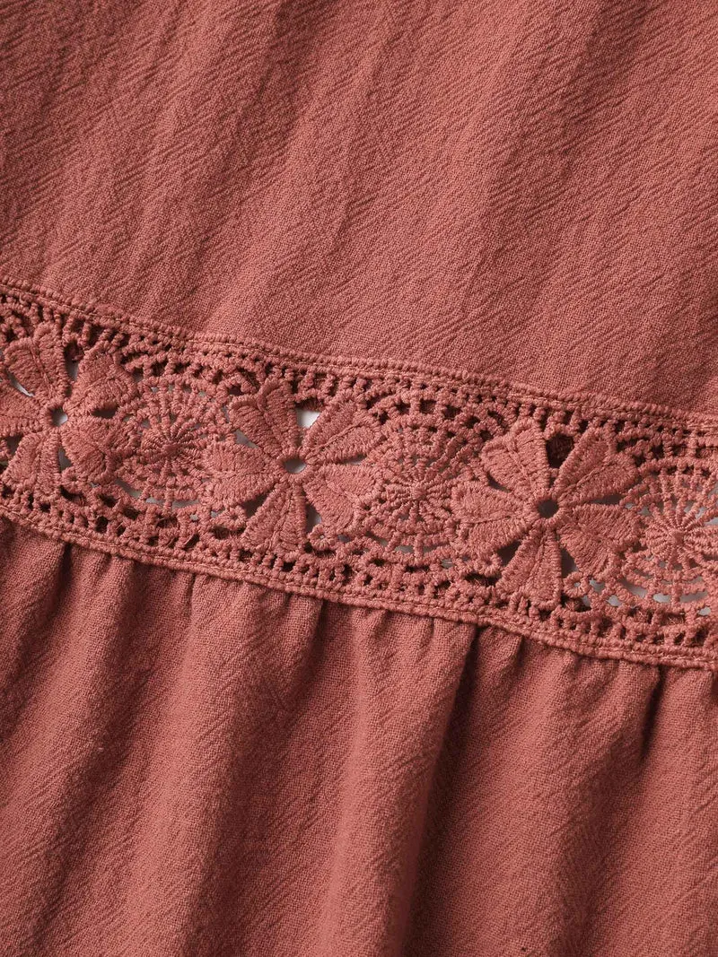 Pure Cotton Lace Trim Pockets Midi Dress