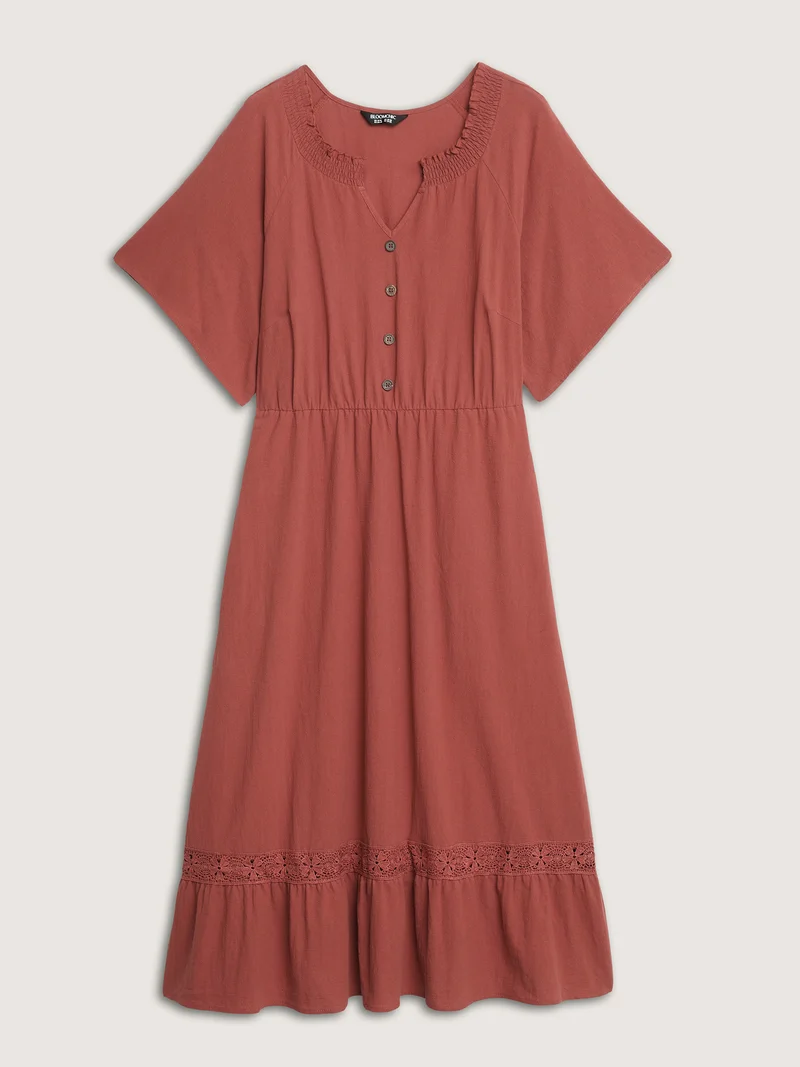 Pure Cotton Lace Trim Pockets Midi Dress