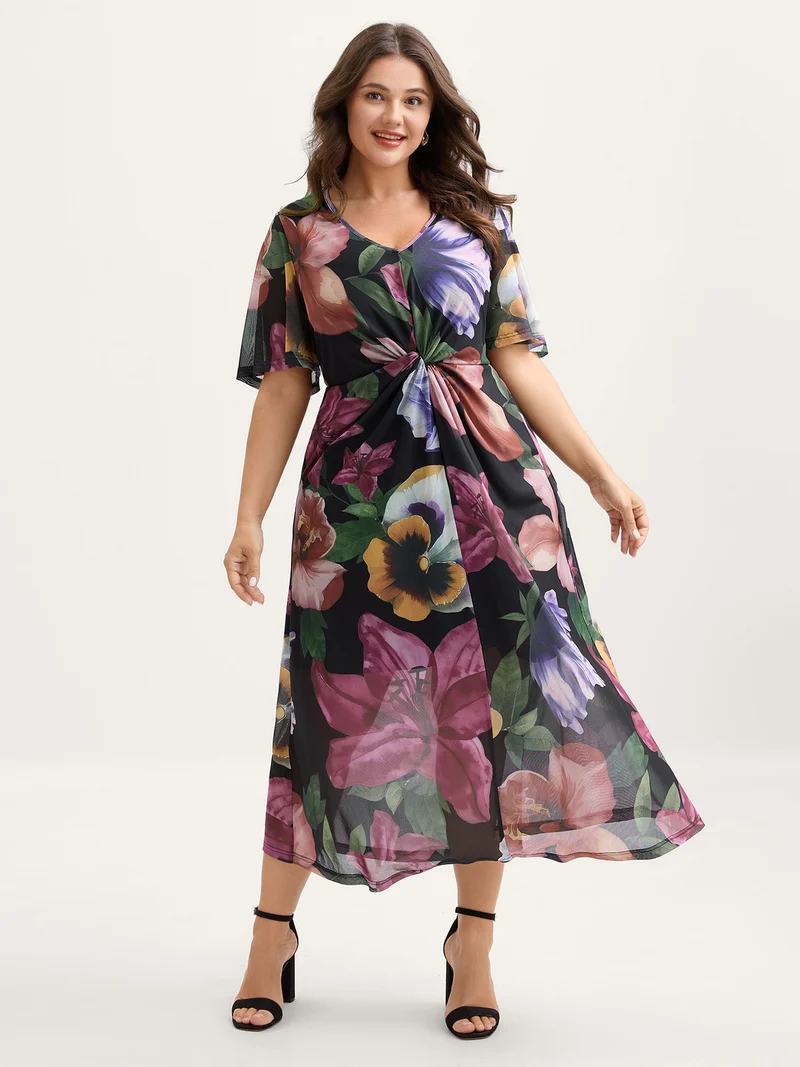 Large Floral Print Twist Front Midi Dress