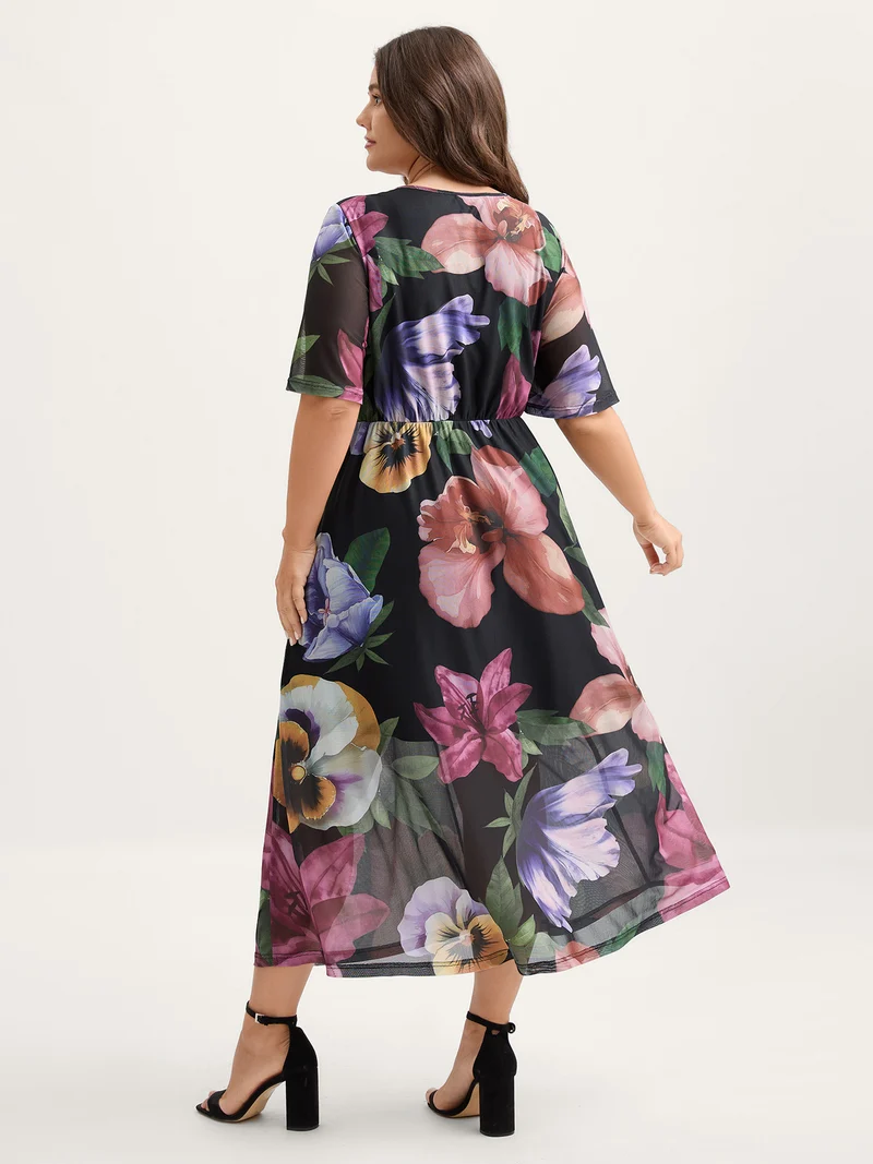 Large Floral Print Twist Front Midi Dress