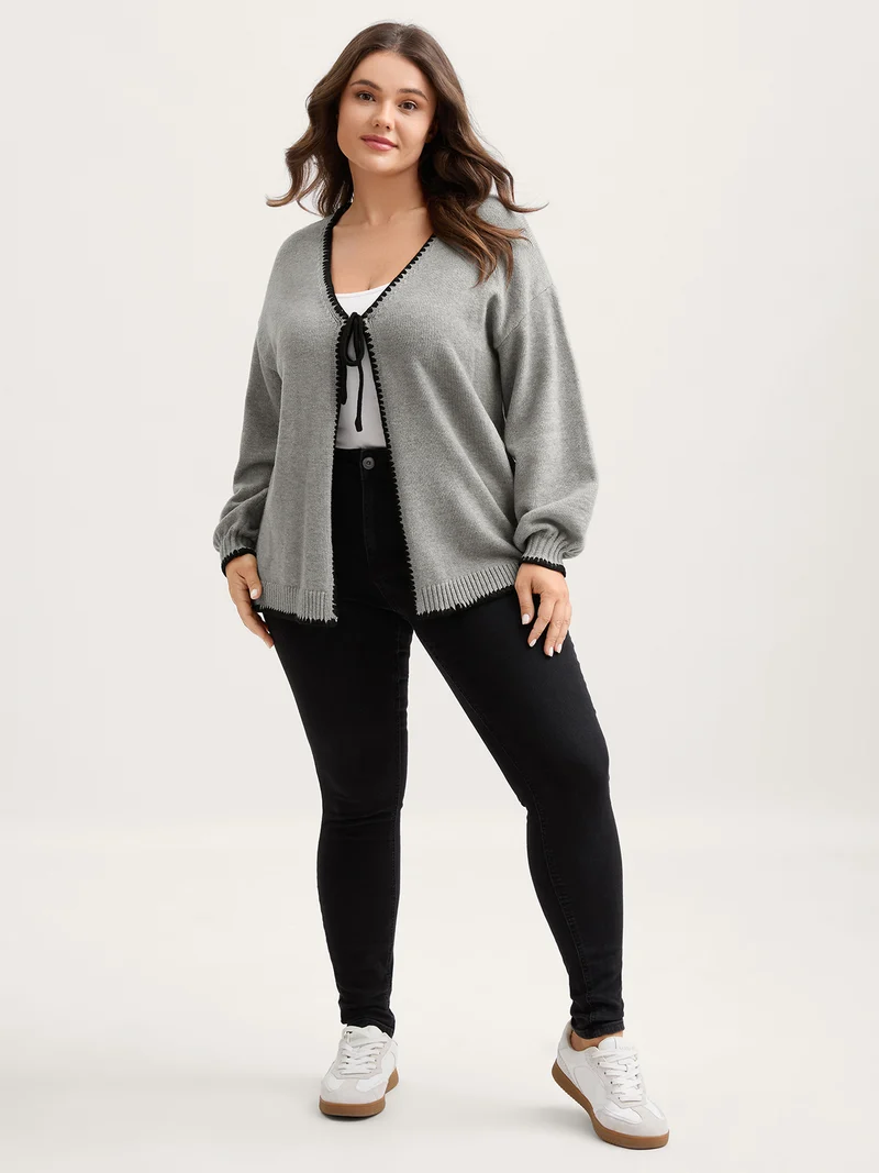 Supersoft Textured Contrast Lace Tie Knit Cardigan
