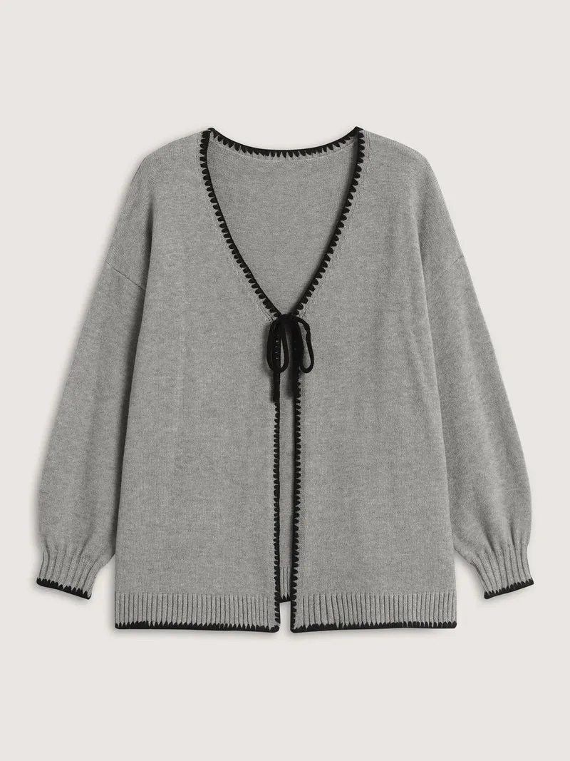 Supersoft Textured Contrast Lace Tie Knit Cardigan