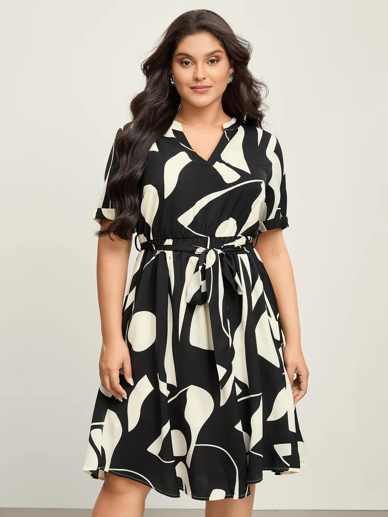 Geometric Print Waist-Tie Midi Dress