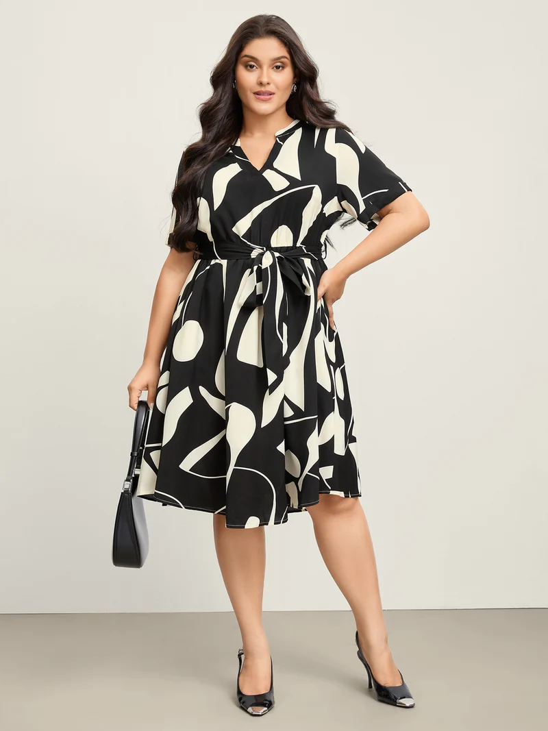 Geometric Print Waist-Tie Midi Dress