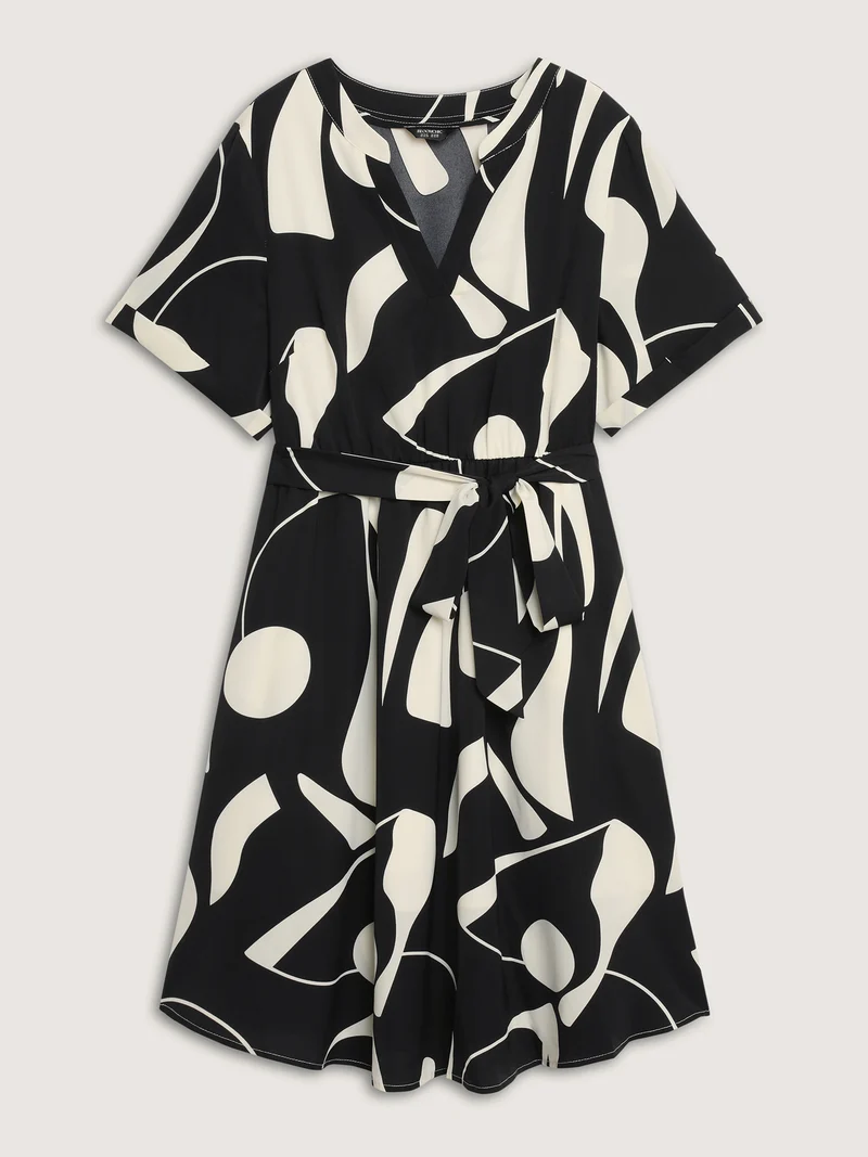 Geometric Print Waist-Tie Midi Dress