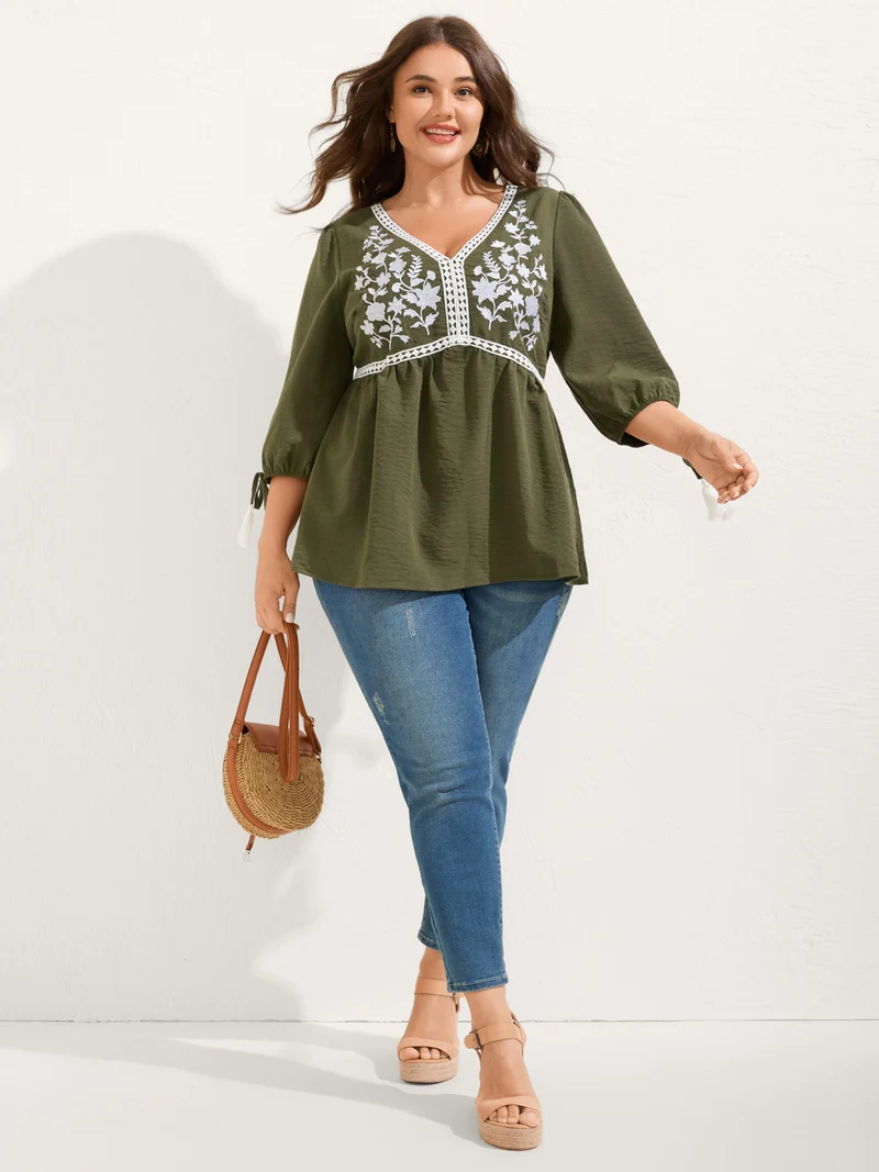 Floral Embroidery Puffy Sleeve-Tie Blouse