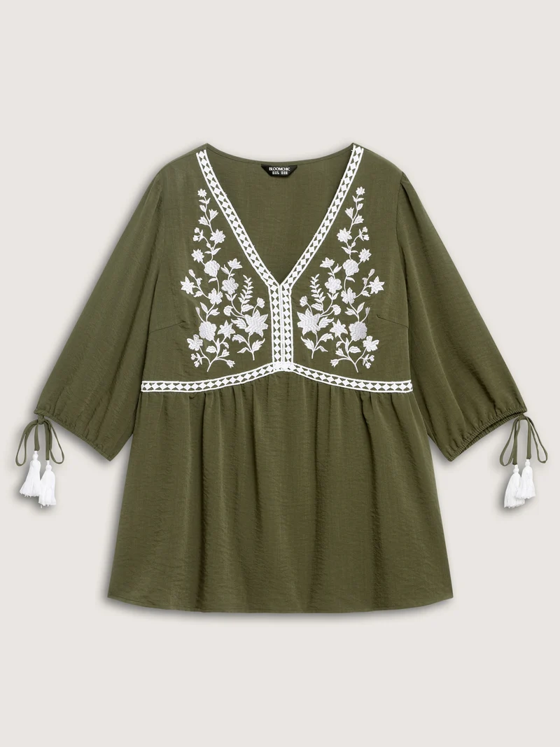 Floral Embroidery Puffy Sleeve-Tie Blouse