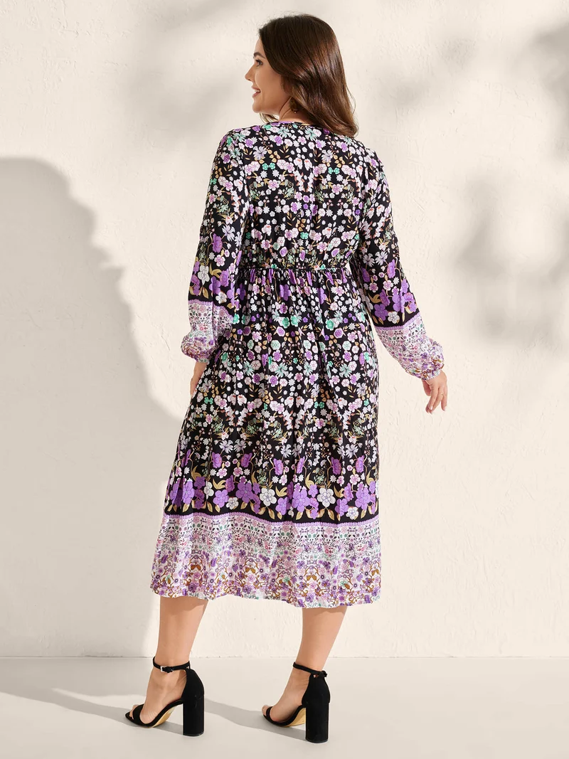 Floral Color Contrast Elastic Cuff Midi Dress