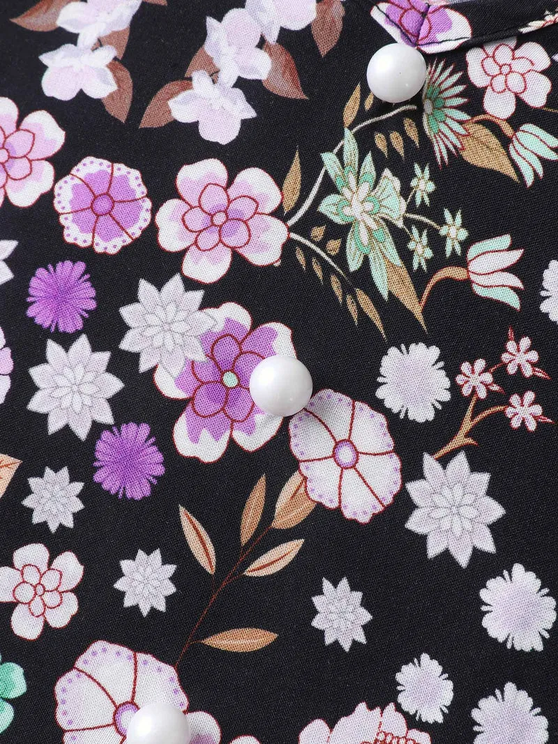 Floral Color Contrast Elastic Cuff Midi Dress