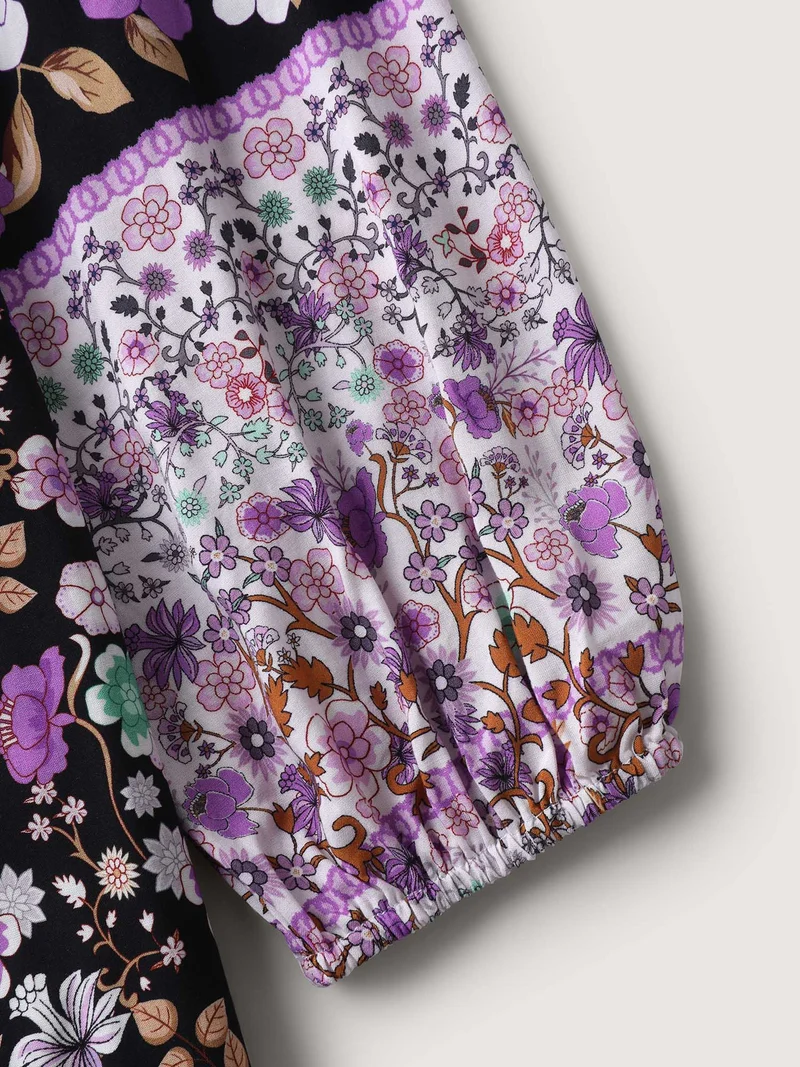 Floral Color Contrast Elastic Cuff Midi Dress