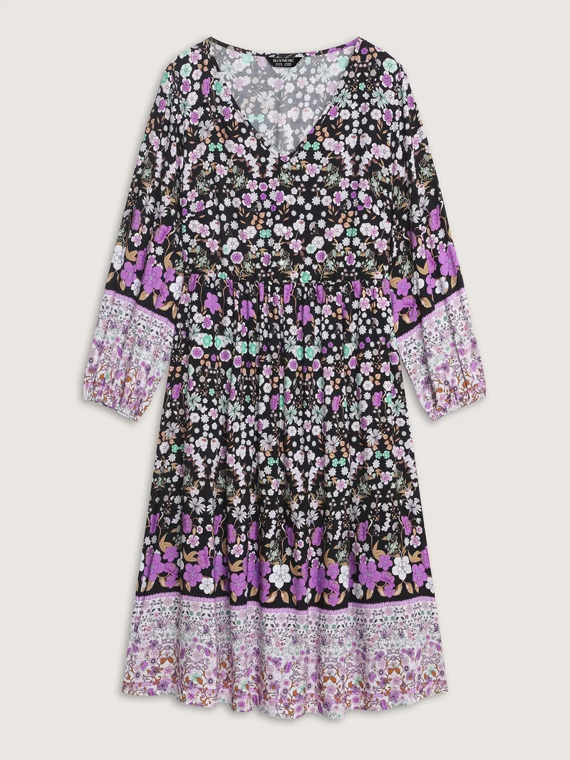 Floral Color Contrast Elastic Cuff Midi Dress