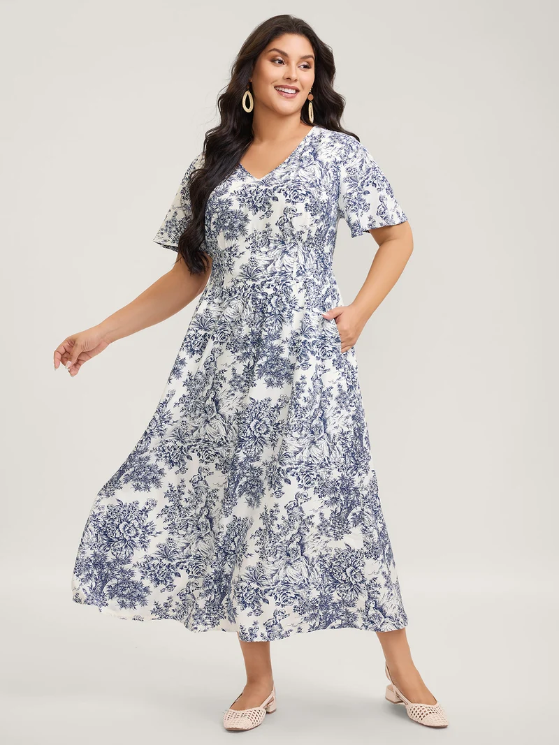 Floral Print Triangular Waist-Cinched Maxi Dress