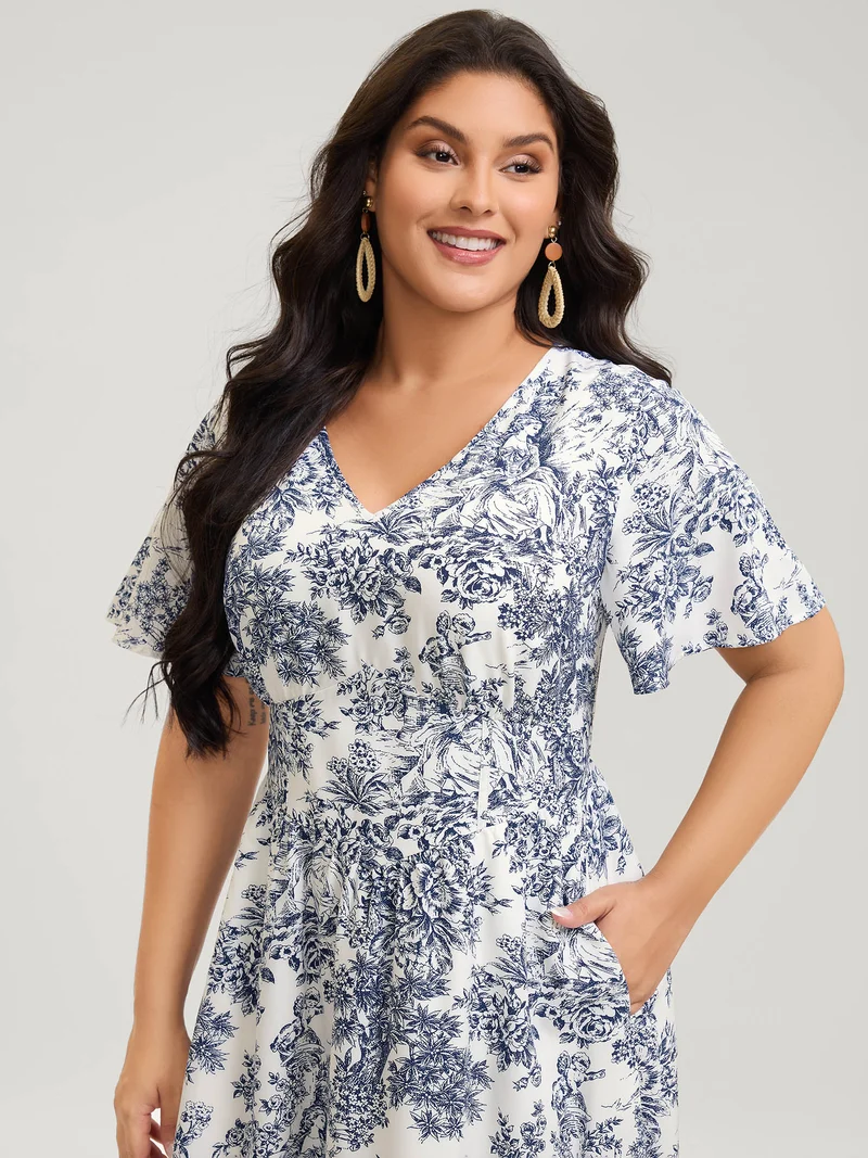 Floral Print Triangular Waist-Cinched Maxi Dress