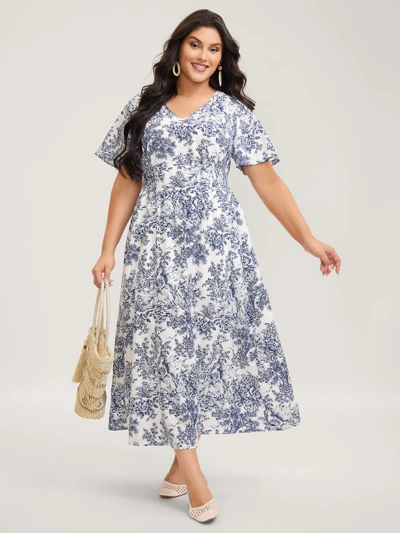 Floral Print Triangular Waist-Cinched Maxi Dress